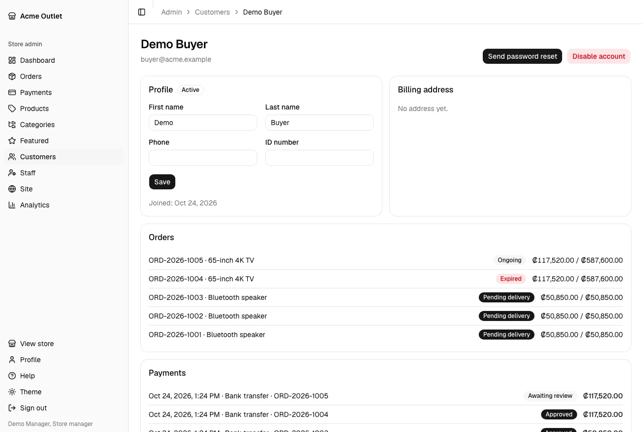 A customer’s page