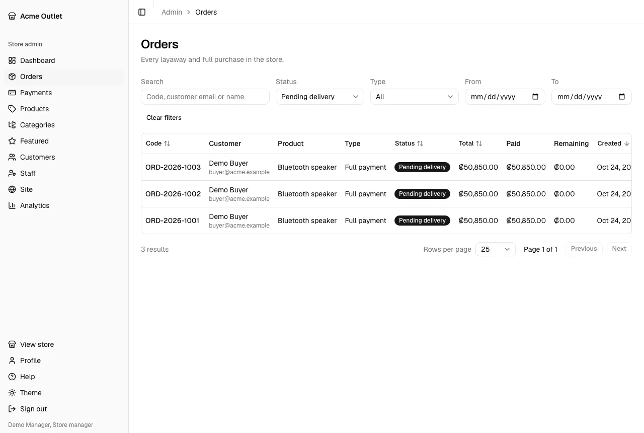 The order list, filtered to orders pending delivery