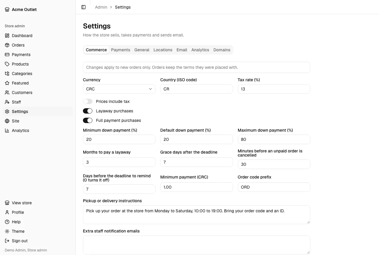 The store’s commerce settings