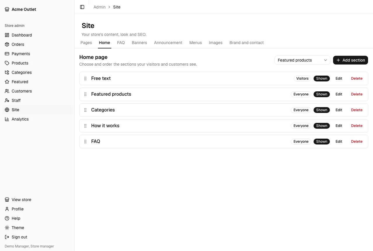 The home page sections