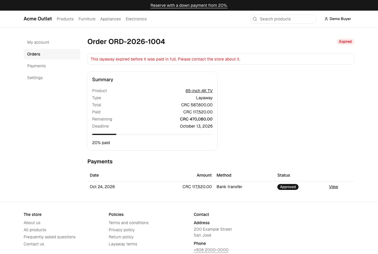 An expired layaway’s order page