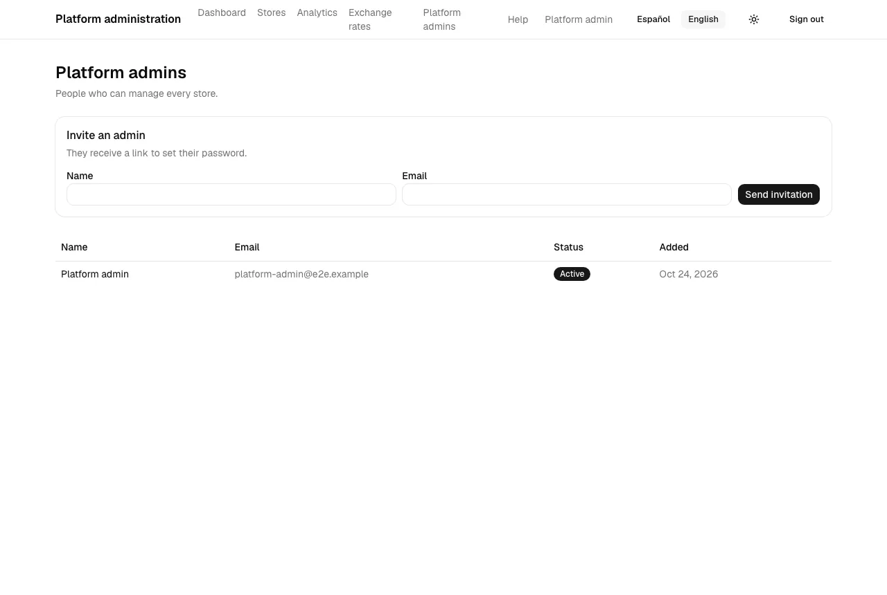 The platform admins list