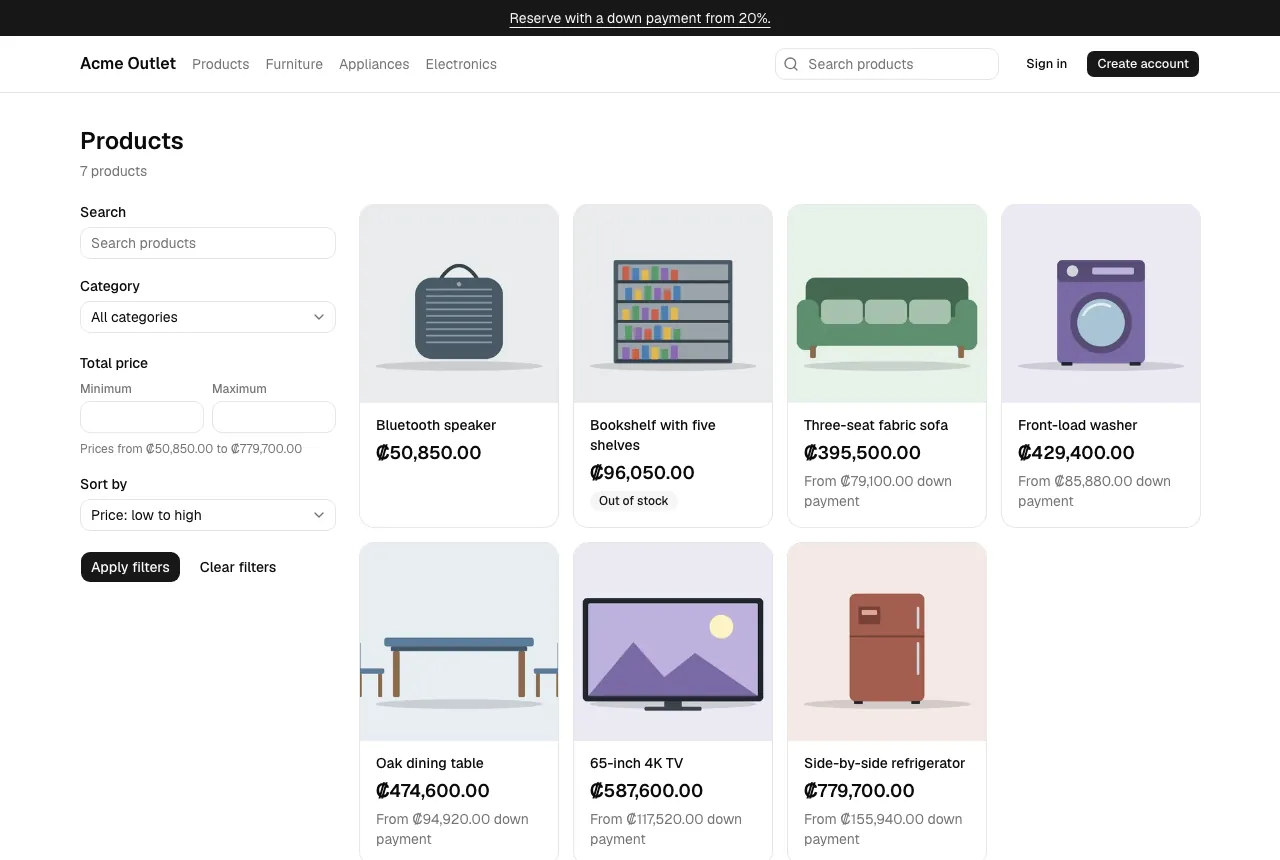 The product list with its filters