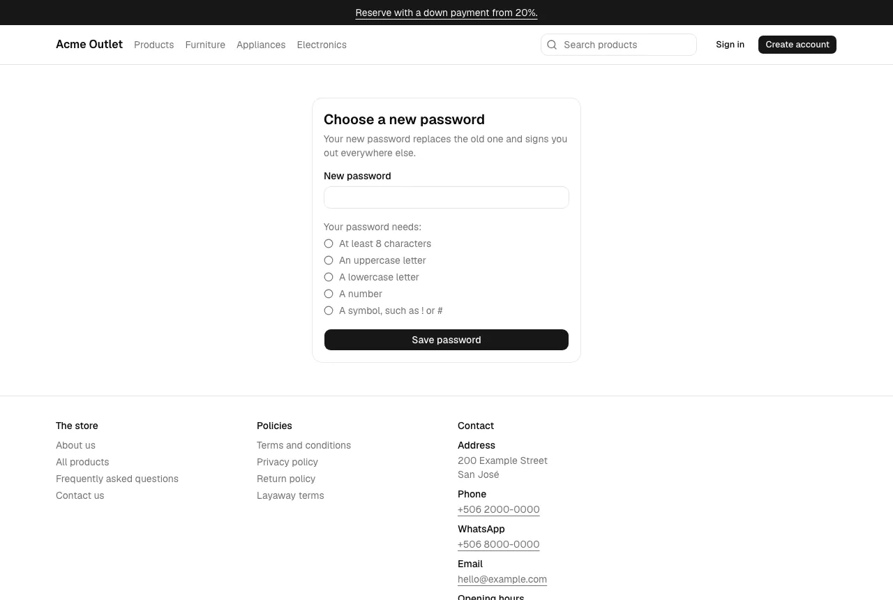 The Choose a new password page