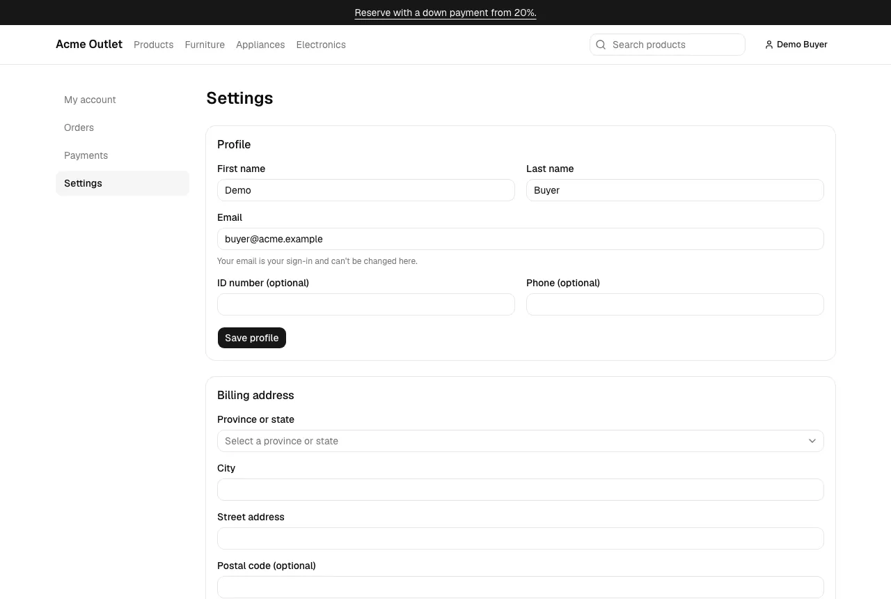 The Settings page