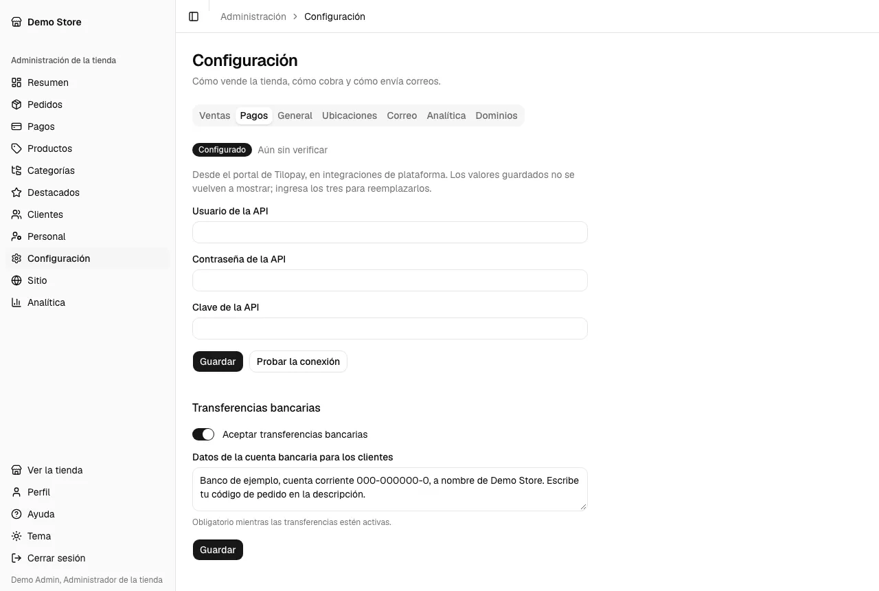 La configuración de pagos