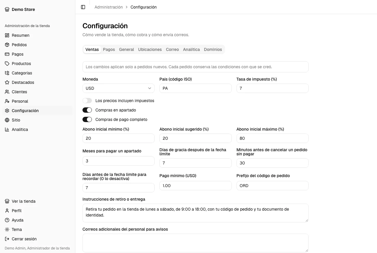 La configuración de ventas de la tienda