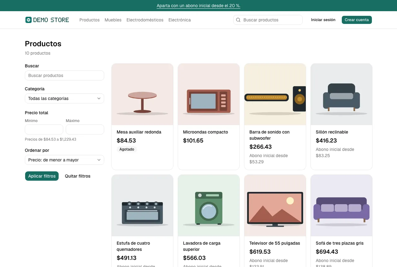 La lista de productos con sus filtros