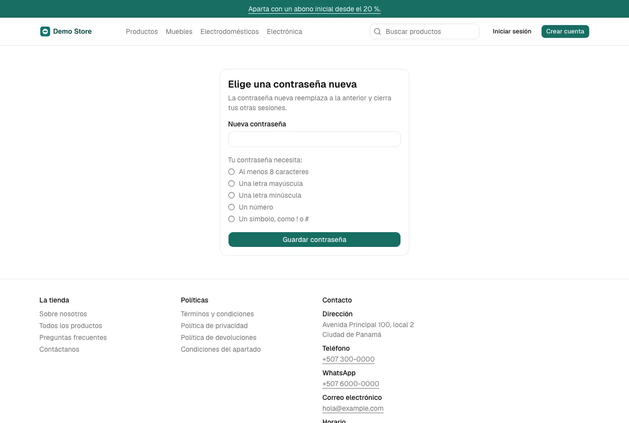 La página Elige una contraseña nueva