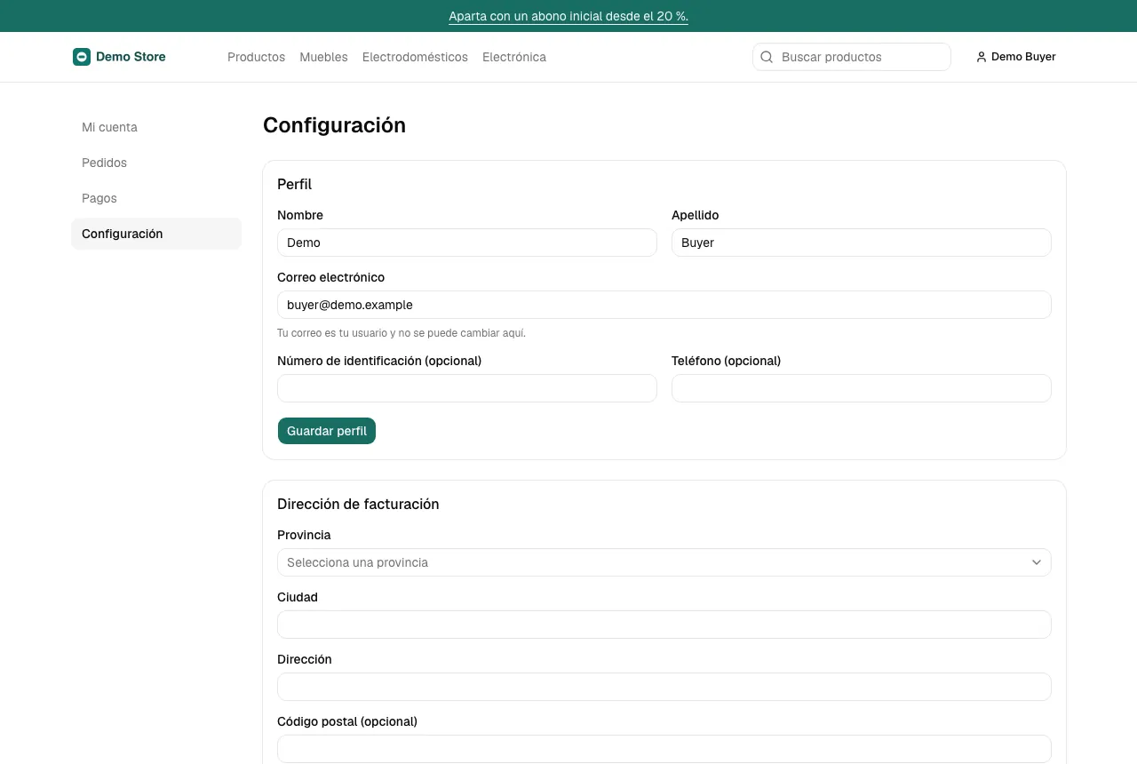 La página Configuración
